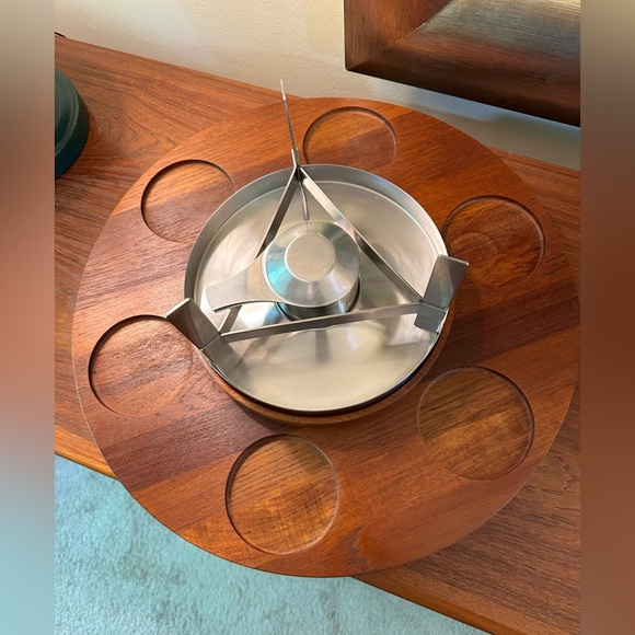 Read STELTON Denmark Fondue Set MCM Mid Century Modern Teak Lazy Susan Stainless - Picture 5 of 16